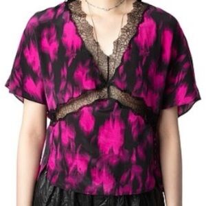 Zadig & Voltaire Fuchsia and Black Lace-Trim Silk Blouse